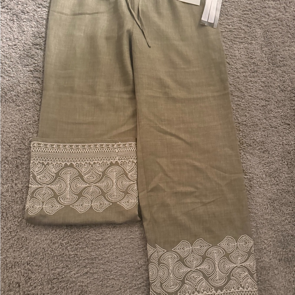 WREN Olive Green Wide-Leg Pants with Embroidered Hem - Picture 3 of 5
